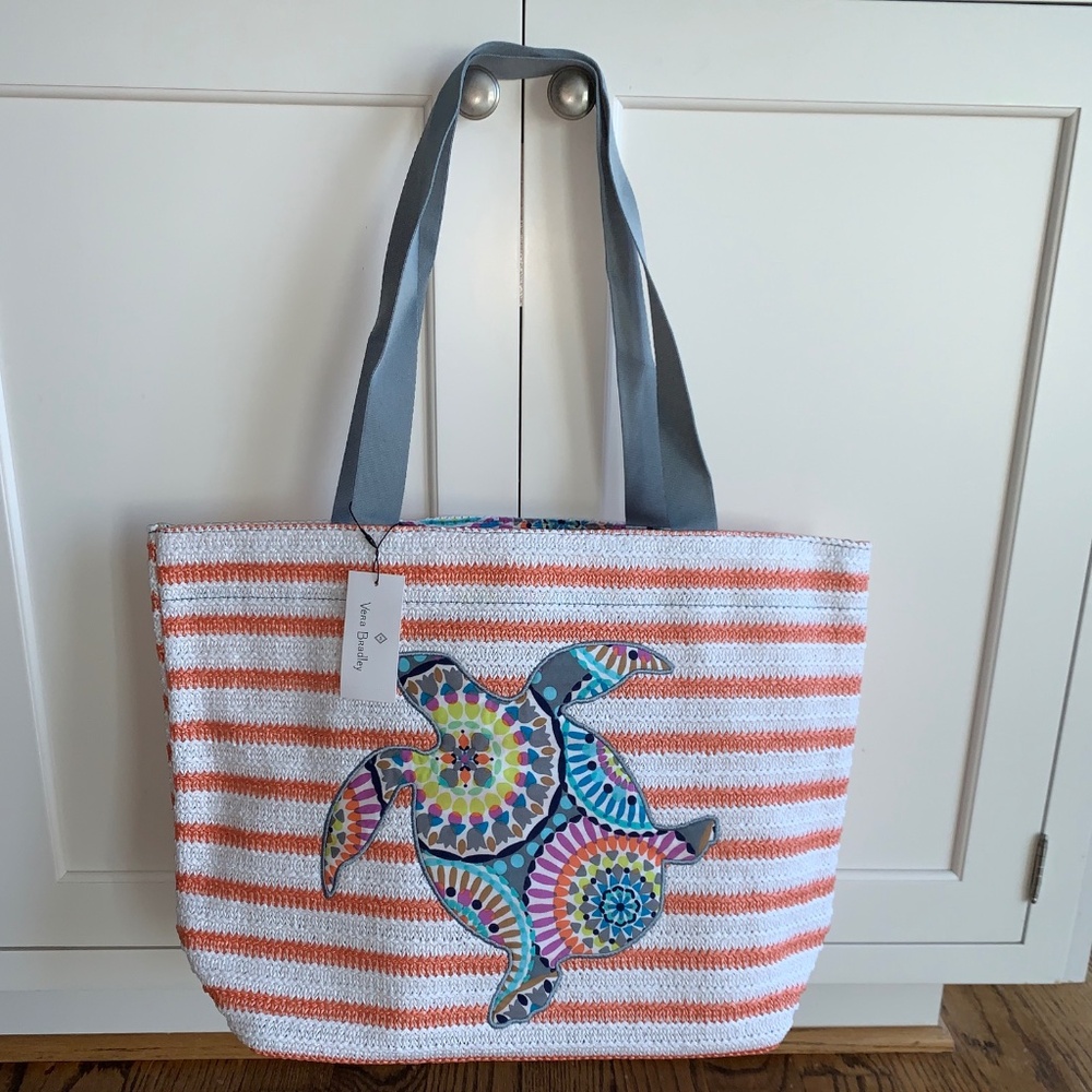 Vera Bradley Sunny Medallion Straw Tote Beach Bag Open Top Bag Turtle Orange New